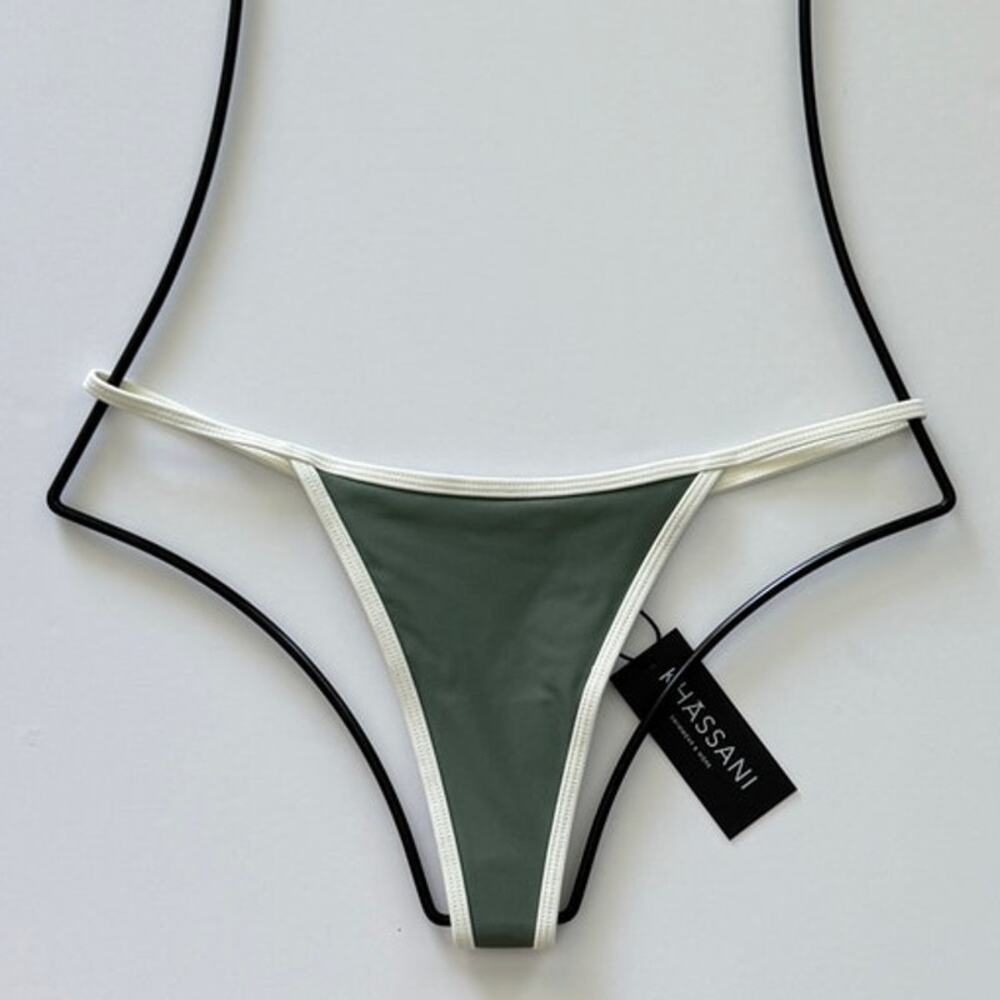 Khassani Swim Tiny Tanga Bikini Bottom -Khaki / Papyrus- L - NWT
